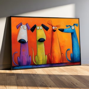 May include: A framed art print depicting four cartoon dogs in a row. The dogs are painted in vibrant colours: purple, yellow, orange, and blue. The background is a gradient of orange and yellow, with a black frame.
