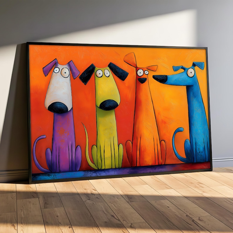 May include: A framed art print depicting four cartoon dogs in a row. The dogs are painted in vibrant colours: purple, yellow, orange, and blue. The background is a gradient of orange and yellow, with a black frame.