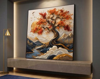 May include: A square wall art piece featuring a textured, three-dimensional relief of a tree with orange and white foliage. The scene includes a golden sun, stylized mountain peaks, and a flowing river in shades of blue, gold, and white.