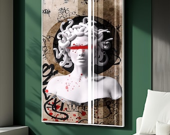Lienzo con diseño de Medusa estilo grafiti, arte mural de mitología griega, decoración urbana, diseño de escultura abstracta audaz, regalo de arte moderno