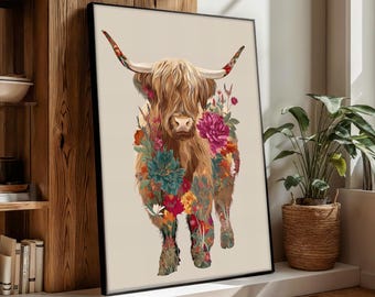 Highland Cow Wall Art, Floral Boho Cow Canvas Painting, Rustic Farmhouse Decor, Modern Country Wall Decor, Interior Decor, Perfect Gift