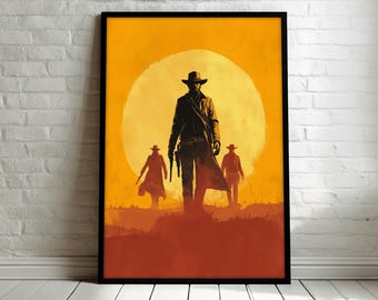 Western Cowboy Wall Art, Sunset Outlaw Canvas Painting, Desert Silhouette Artwork, Bold Western Decor, Vintage Frontier Style, Unique Gift