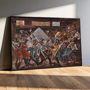 May include: A framed print of a painting showing a vibrant dance scene in a dimly lit club. Figures in various outfits dance under a spotlight. The artwork features warm tones and visible brushstrokes, with text reading "The Sugar Shack" and "WMPG".