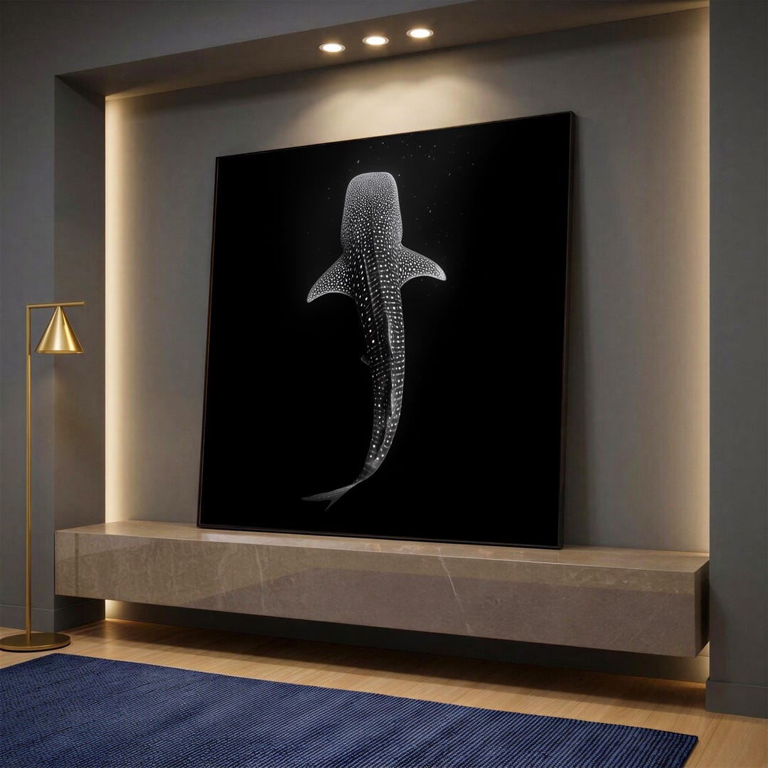 Whale Shark Canvas Wall Art, Black Ocean Animal Print for Modern ...