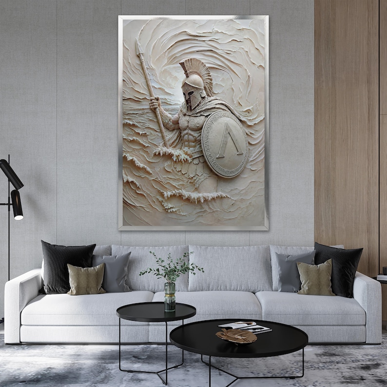 May include: A rectangular wall art piece featuring a relief sculpture of a Spartan warrior in a crested helmet, holding a spear and a circular shield with a lambda symbol, emerging from textured, swirling waves in a monochromatic cream tone.