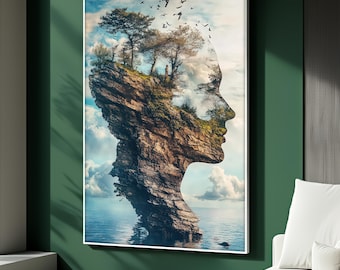 Nature and Human Connection Canvas Painting, Surreal Landscape Wall Art, Double Exposure Mountain Face Artwork, Modern Home Decor, Art Gift