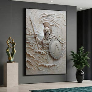 May include: A large rectangular wall art piece featuring a textured, monochromatic cream-colored relief of a Spartan warrior holding a spear and a shield with a lambda symbol, depicted emerging from swirling, wave-like sculpted patterns.