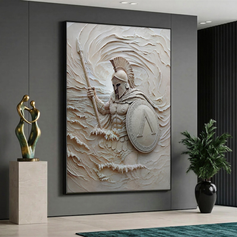 May include: A large rectangular wall art piece featuring a textured, monochromatic cream-colored relief of a Spartan warrior holding a spear and a shield with a lambda symbol, depicted emerging from swirling, wave-like sculpted patterns.