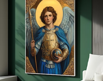 May include: A framed artwork depicting a celestial figure with golden armor, a blue cape, and feathered wings. The figure holds a spear and a globe, set against a golden halo and ornate frame. The artwork is displayed on a green wall.