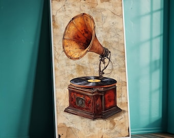 Vintage Gramophone Canvas Wall Art, Antique Phonograph Poster, Retro Music Decor, Record Player Painting, Ready to Hang, Music Lover Gift