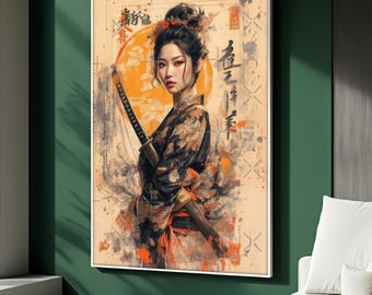 Japanese Samurai Woman Canvas Art, Katana Warrior Painting, Elegant Kimono Girl Wall Decor, Modern Oriental Artwork, Unique Art Gift