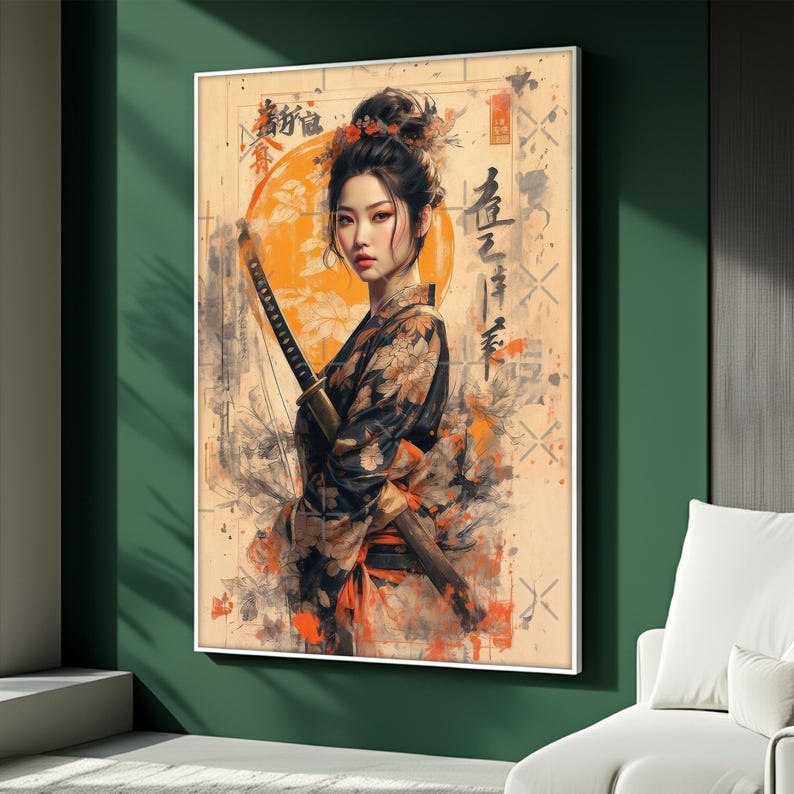 Japanese Samurai Woman Canvas Art, Katana Warrior Painting, Elegant ...