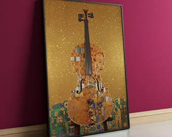 Violin Canvas Painting in Gustav Klimt Style, Musical Instrument Wall Art with Gold Detail for Music Room or Studio, Art Gift