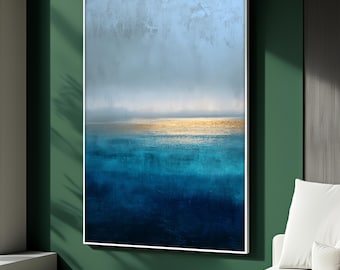 Blue Gold Abstract Canvas Art, Minimal Ocean Wall Art with Calm Horizon, Rothko Style Modern Decor, Chic Home Decor, Unique Gift