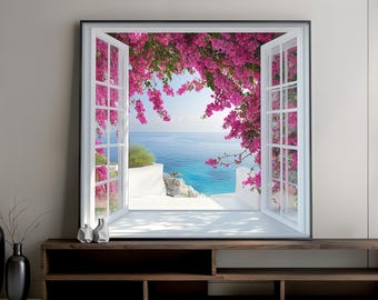 May include: A framed print showing an open window with a view of the sea. The window is white, with pink bougainvillea flowers. The scene includes turquoise water, a blue sky, and white buildings, creating a Mediterranean feel.