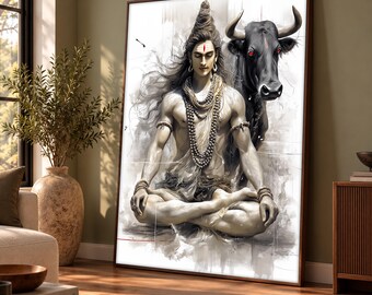 Lord Shiva Nandi Bull Painting, Hindu God Meditation Canvas Print, Black White Spiritual Wall Art, Mahadev Yoga Artwork, Sacred India Gift