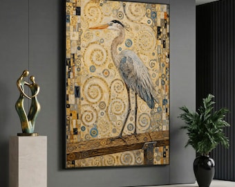 May include: A large rectangular wall art piece featuring a heron standing on a wooden branch against a background of gold, beige, and blue swirling patterns. The artwork is framed in black and displays intricate geometric and circular motifs.