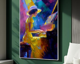 Colorful Piano Woman Wall Art, Abstract Music Canvas Painting, Elegant Lady in Yellow Dress Decor, Modern Art Print, Perfect Gift