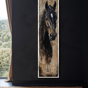 May include: A vertical framed painting of a horse's head. The horse has a dark brown coat, a white blaze on its forehead, and a black mane. The background has a textured, neutral tone with dark drips.