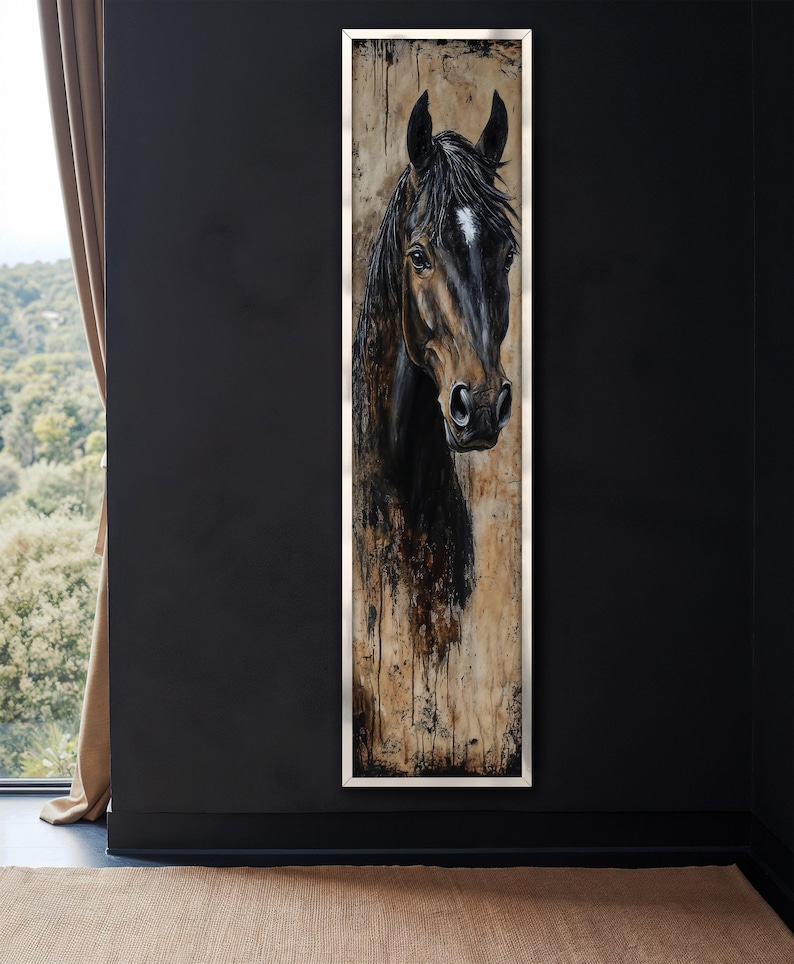 May include: A vertical framed painting of a horse's head. The horse has a dark brown coat, a white blaze on its forehead, and a black mane. The background has a textured, neutral tone with dark drips.