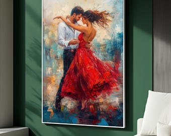 Romantic Dance Couple Canvas Painting, Red Dress Wall Art with Passionate Motion, Emotional Modern Home Decor for Bedroom, Unique Gift