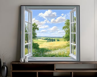 May include: A framed artwork depicting an open window with a scenic view. The window is white with a gray frame, revealing a vibrant landscape of green fields, trees, and a blue sky dotted with fluffy white clouds. The artwork is displayed above a dark wooden console.