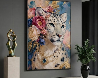 Elegant Snow Leopard Canvas Wall Art, Floral Animal Print, Luxury Wildlife Painting, Blue Gold Decor, Ready to Hang, Feminine Bedroom Gift