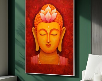 May include: A framed painting of a serene Buddha with closed eyes. The artwork features a warm color palette of orange, yellow, and red, with a lotus flower atop the head. A pearl necklace adorns the neck, set against a textured red background.