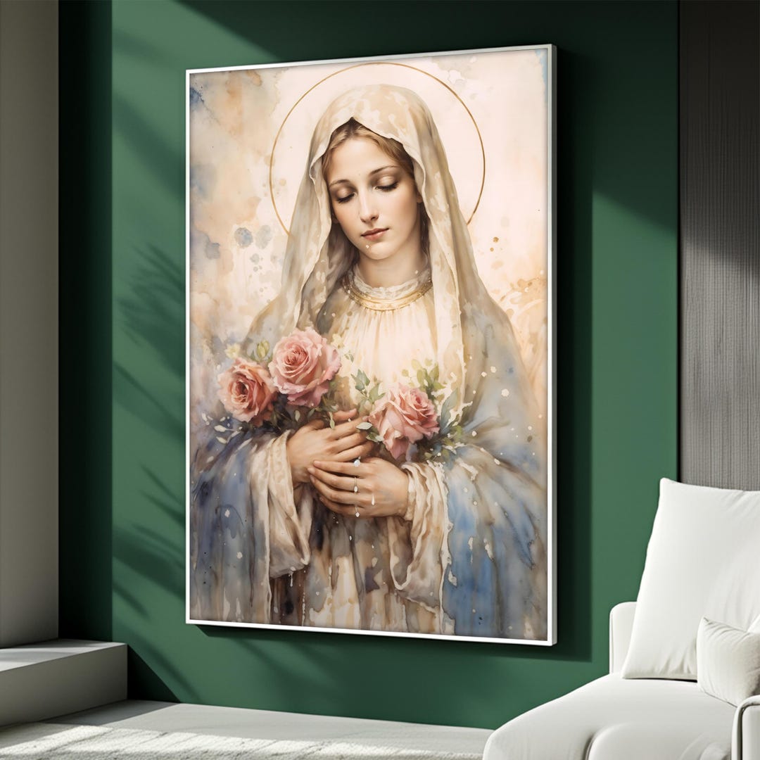 Virgin Mary Canvas Painting, Holy Mother Wall Art With Roses and Halo ...