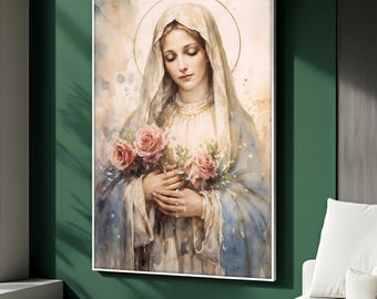 May include: A framed watercolor painting of a woman in a white veil and blue robe, holding pink roses. The artwork features a gold halo and is displayed on a green wall, evoking a sense of serenity and religious art.