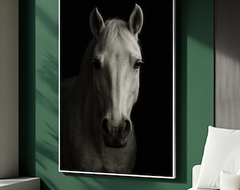 Horse Canvas Painting in Black, White Horse Wall Art for Equestrian Decor, Minimalist Animal Portrait, Elegant Gift for Horse Lovers