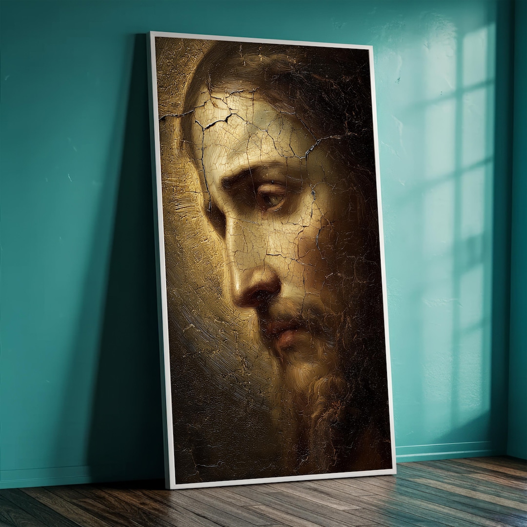 Jesus Face Canvas Print, Antique Look Religious Wall Art With Golden ...
