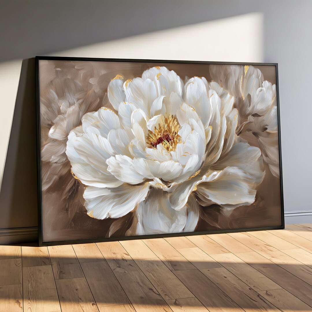 White Peony Canvas Painting, Elegant Floral Wall Art Print, Neutral ...
