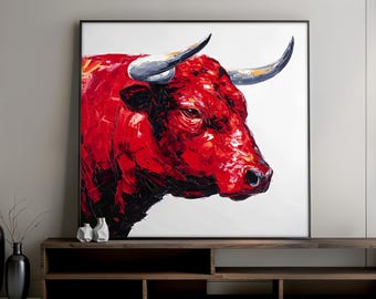 Red Bull Leinwandmalerei, mutige moderne Tierwand-Kunst mit weißem Hintergrund, bunte abstrakte Stier-Kunst für Haus oder Büro, Kunstgeschenk
