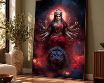 Goddess Durga Painting, Hindu Devi Canvas Print, Red Holy Mother Wall Art, Lion Goddess Spiritual Artwork, Shakti Meditation Decor Gift