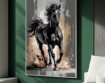 Black Horse Canvas Painting, Bold Equestrian Wall Art with Brush Stroke Style, Dynamic Animal Decor for Modern Homes, Unique Gift