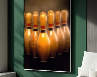 May include: A framed print featuring a close-up of six vintage bowling pins. The pins are a warm, golden-yellow color with red, black, and blue bands. The print is displayed on a dark green wall.