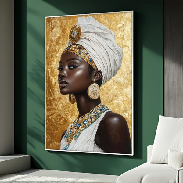 African Queen Canvas Art, Gold and White Regal Wall Art, Elegant Woman Portrait Artwork, Luxury Afrocentric Decor, Perfect Gift