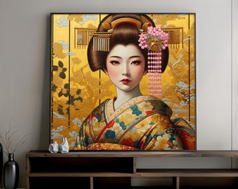Stampa su tela Geisha, decorazione giapponese dorata con kimono floreale, elegante design artistico asiatico per la casa, tela decorativa, regalo artistico pronto da appendere