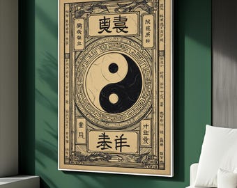 Yin Yang Canvas Painting, Taoist Symbol Wall Art, Vintage Chinese Calligraphy Decor, Zen Meditation Room Artwork, Spiritual Gift