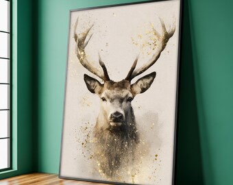 Deer Art Print, Modern Stag Canvas Painting, Gold Splash Wall Decor with Rustic Style, Nature Wildlife Home Art, Perfect Gift