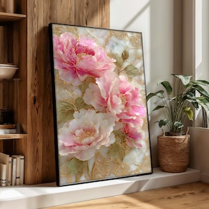 May include: Framed floral art print featuring large pink and white peony flowers with gold accents. The artwork has a marble-like background with a black frame, suitable for home decor.