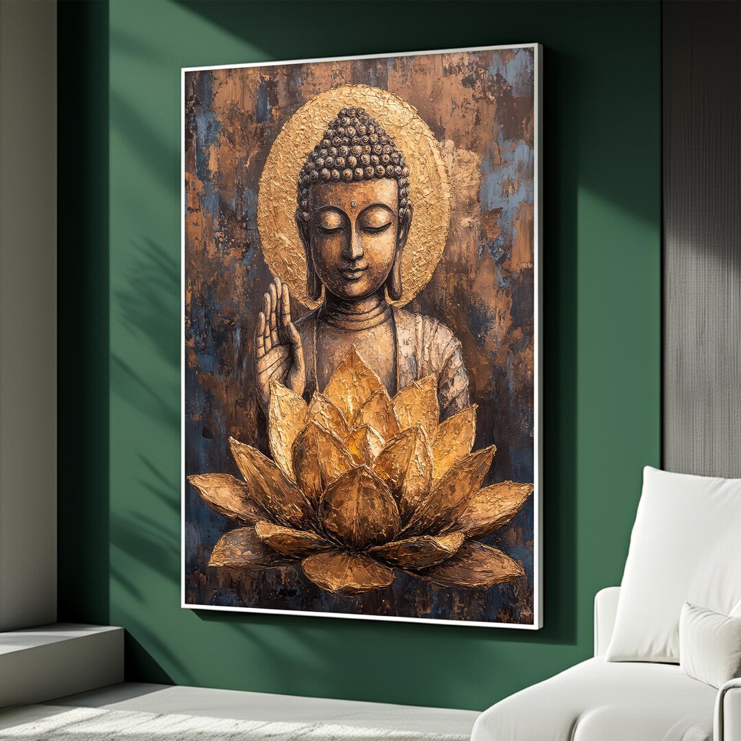 Golden Lotus Buddha Canvas Painting, Zen Wall Art With Sacred Aura ...