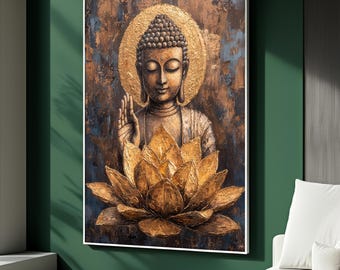 Golden Lotus Buddha Canvas Painting, Zen Wall Art With Sacred Aura, Spiritual Meditation Room Decor For Peace, Perfect Gift