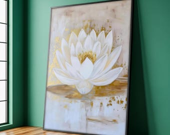 White Lotus Canvas Painting, Golden Floral Wall Art for Bedroom, Zen Nature Artwork, Tranquil Lotus Gift Idea, Elegant Flower Decor