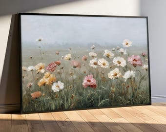 Wildflower Meadow Canvas Painting, Soft Floral Field Wall Art, Cottagecore Nature Decor, Pastel Bloom Artwork, Romantic Gift