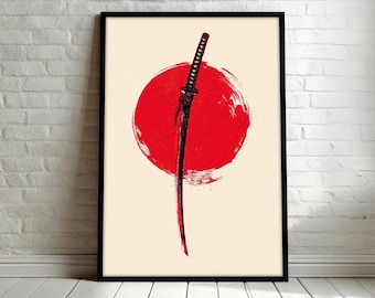 Samurai Katana Canvas Painting, Japanese Sword Wall Art with Red Sun, Minimal Zen Decor for Office or Home, Katana Art Print, Unique Gift
