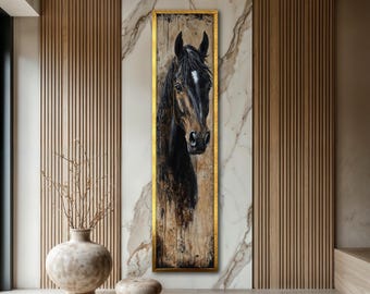 May include: A framed vertical painting of a horse's head. The horse has a dark brown coat with a white blaze on its face. The painting is set against a textured background and framed in gold.