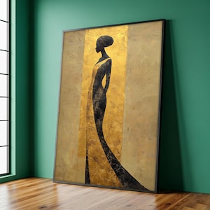 Golden African Woman Canvas Print, Black Silhouette Wall Art, Elegant Gold Foil Style Print, Modern Home Decor, Stylish Art Gift