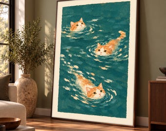 Swimming Cats Painting, Funny Kitten Canvas Print, Teal Blue Water Wall Art, Whimsical Feline Artwork, Cute Pet Decor, Cat Lover Gift Idea